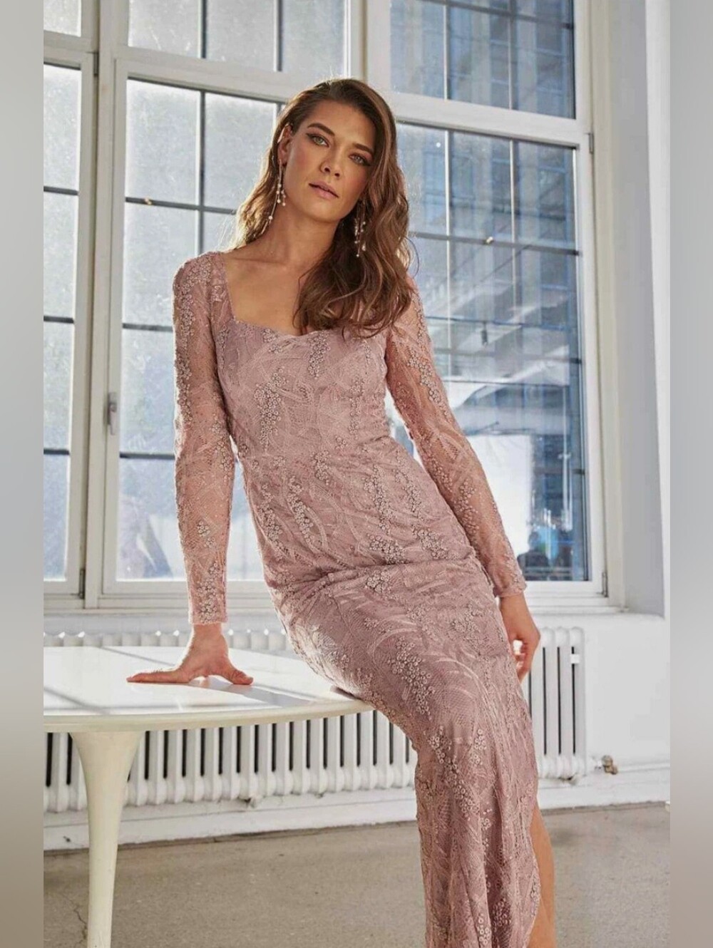 JS Collections Long-Sleeve Lace Gown in Dusty Rose
